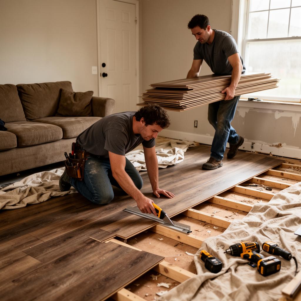 Vinyl plank flooring — subfloor prep and plank cutting.