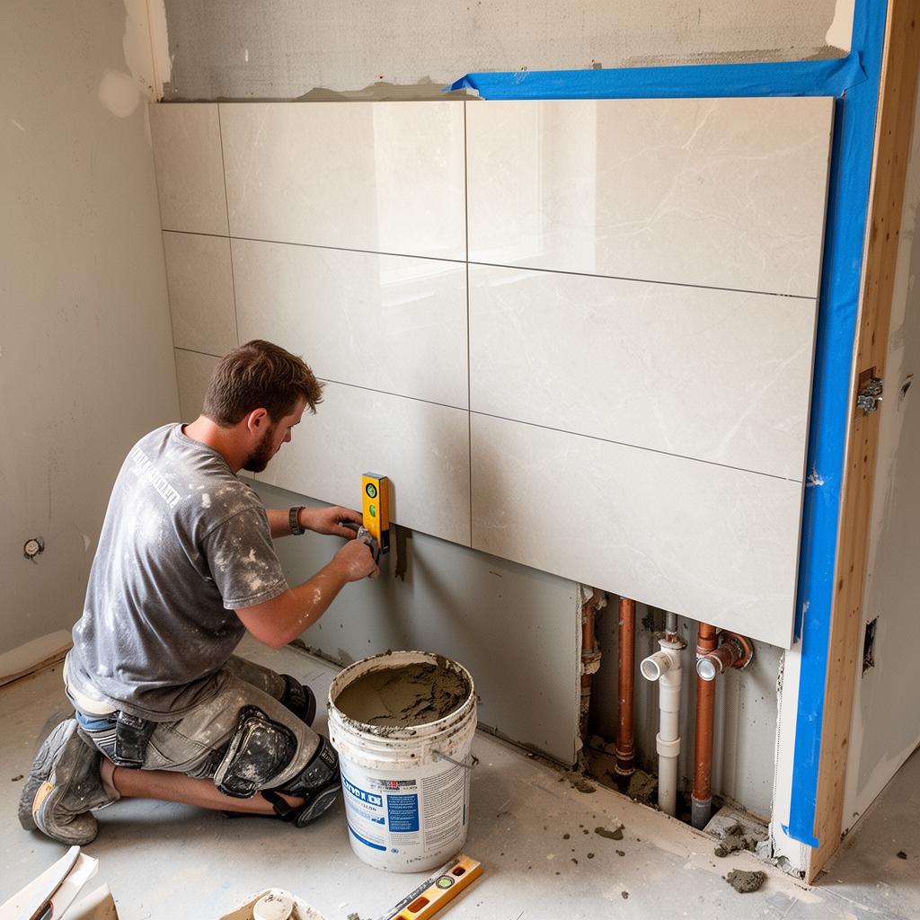 Bathroom tile installation — wall layout and leveling.