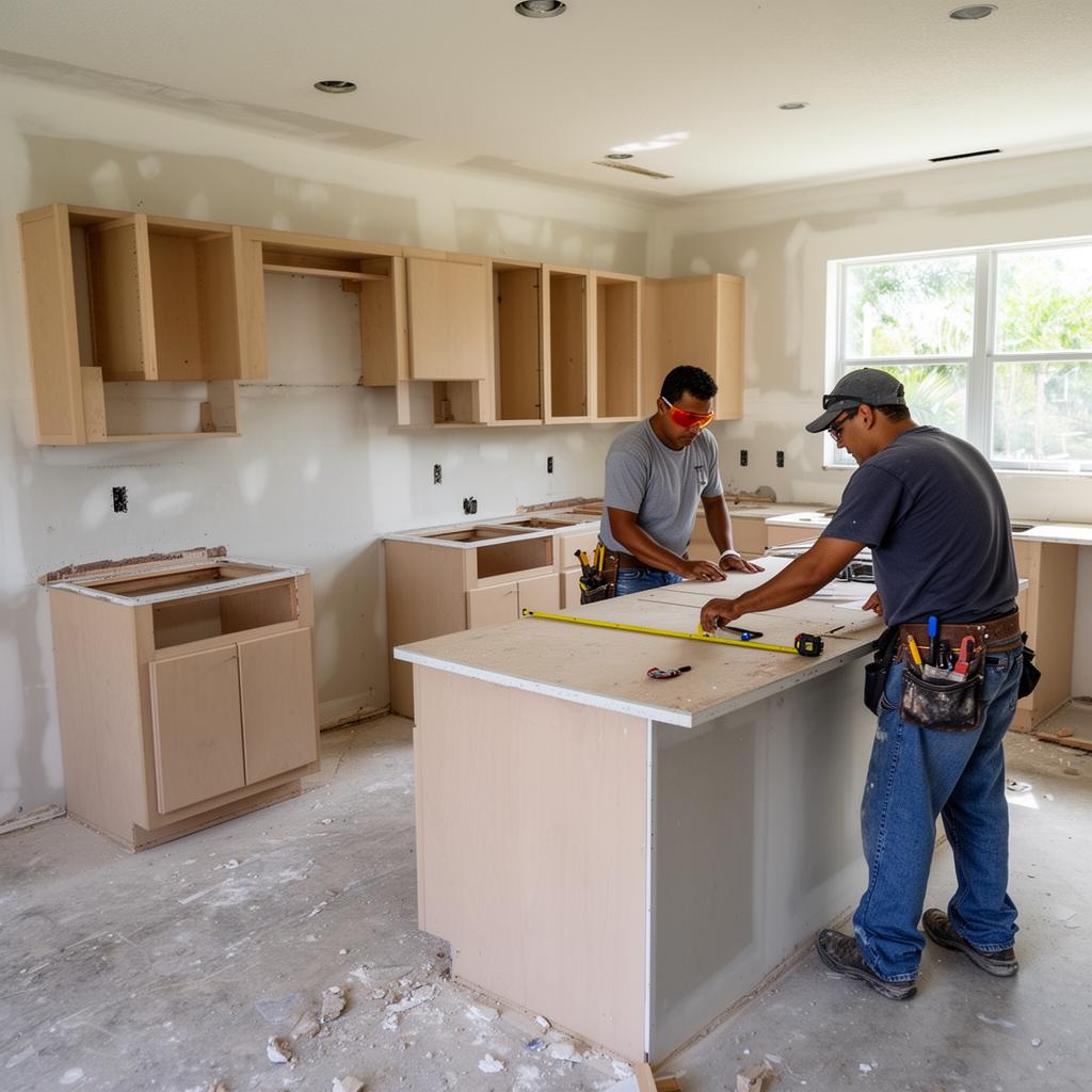 Kitchen cabinet install — measuring countertop on site.